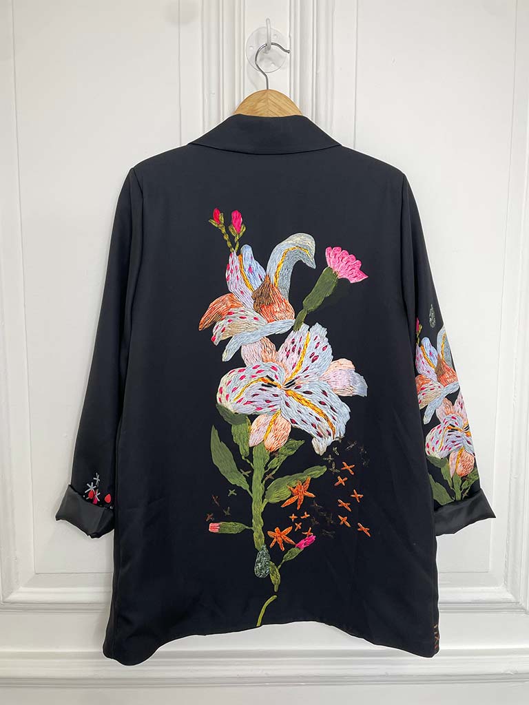Embroidered Print Blazer - Black