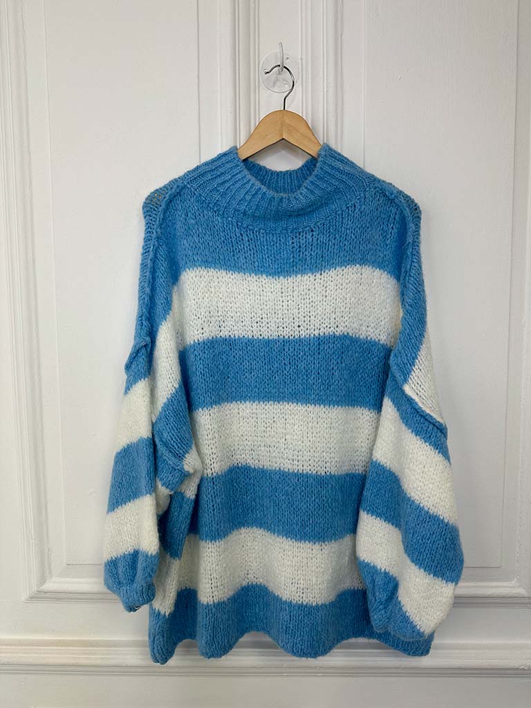 Chunky Exposed Seam Striped Knit - Sky & Ivory