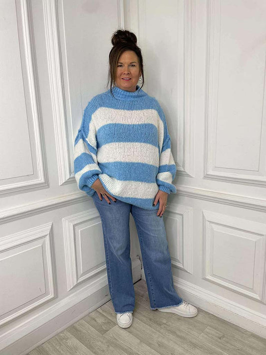 Chunky Exposed Seam Striped Knit - Sky & Ivory