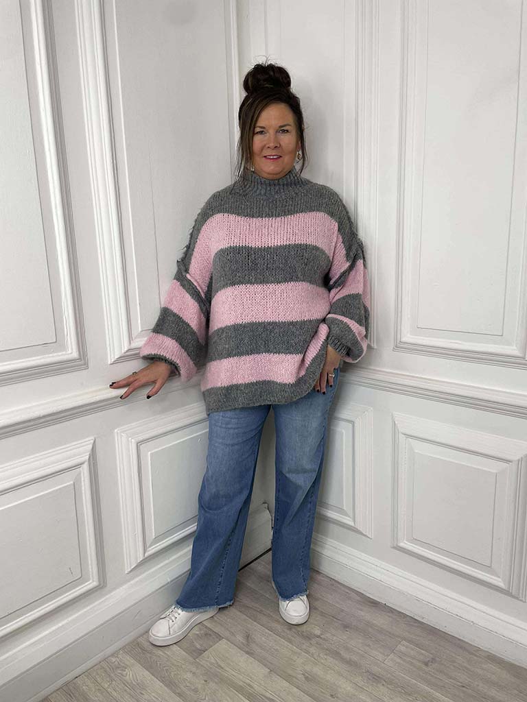 Chunky Exposed Seam Striped Knit - Sugar & Grey