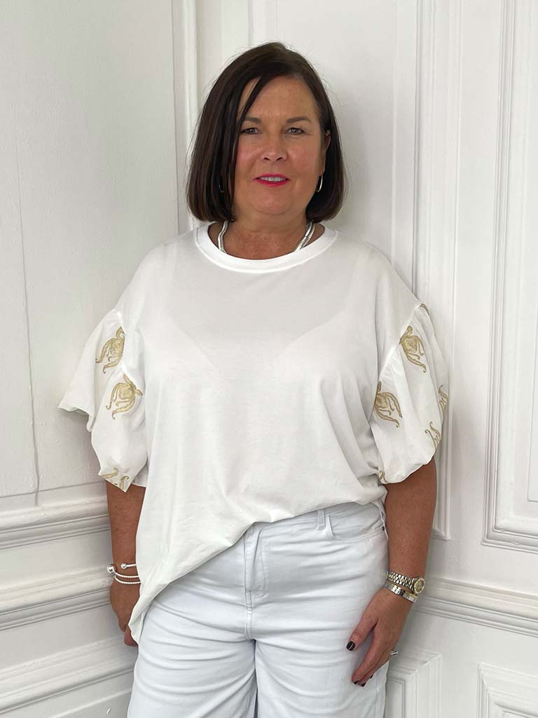 Puff Sleeve Gold Embroidered Tee