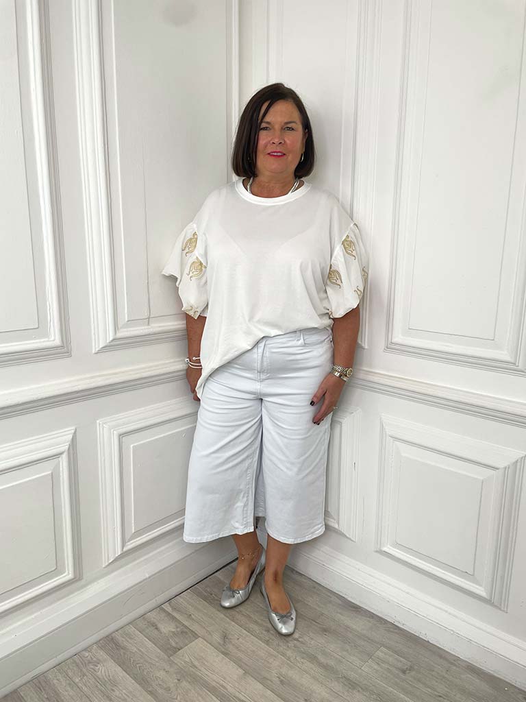 Puff Sleeve Gold Embroidered Tee