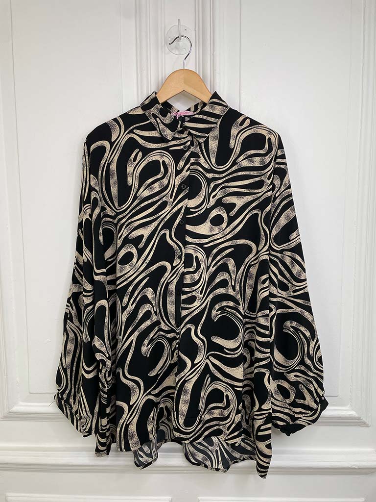 Abstract Swirl Silk Feel Shirt - Black & Stone