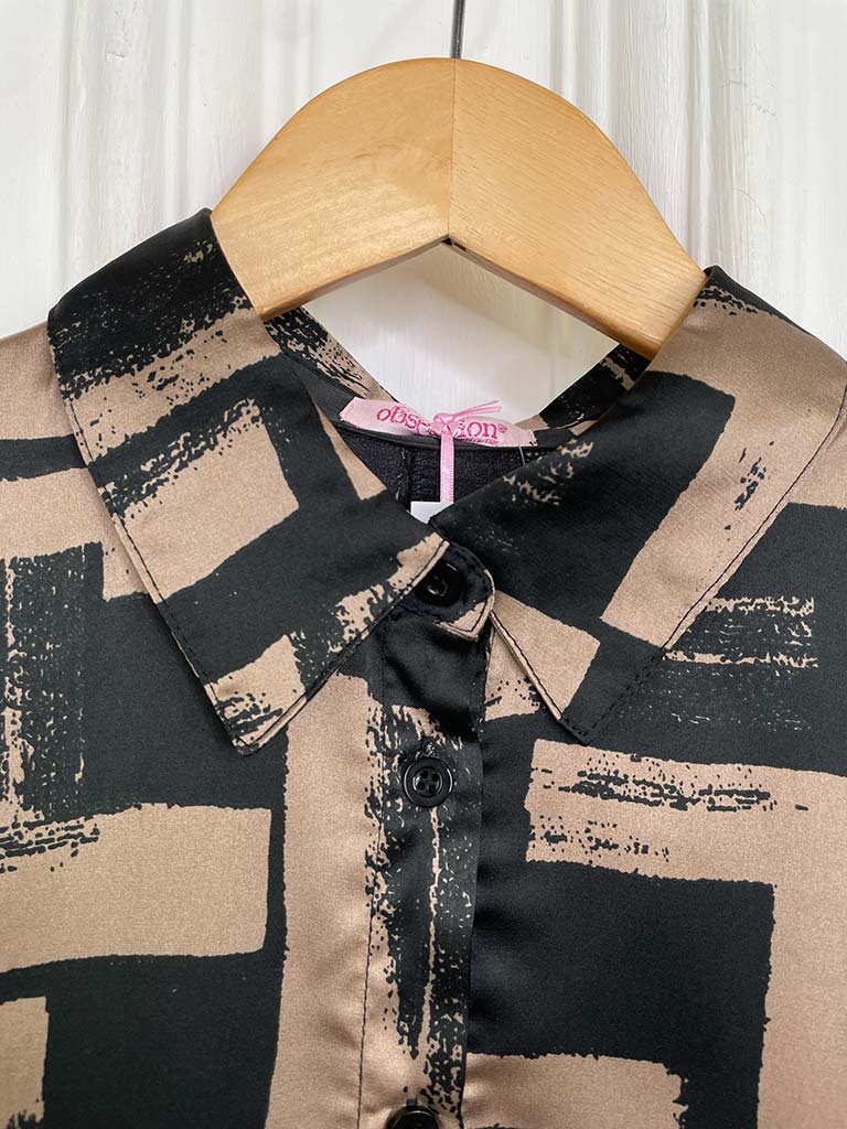 Abstract Rectangle Print Silk Feel Shirt - Coffee & Black