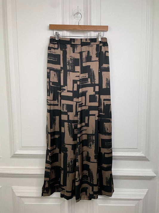 Silk Feel Abstract Rectangle Print Palazzo Trousers - Chocolate & Black