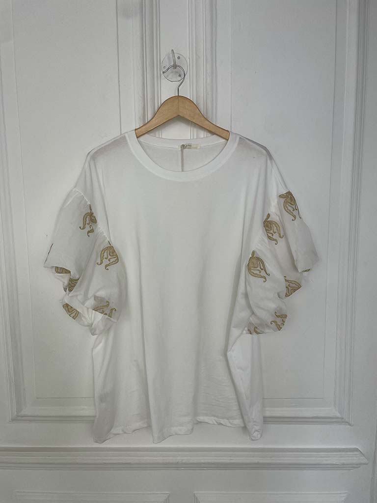 Puff Sleeve Gold Embroidered Tee
