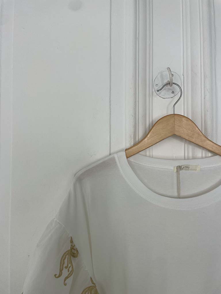 Puff Sleeve Gold Embroidered Tee