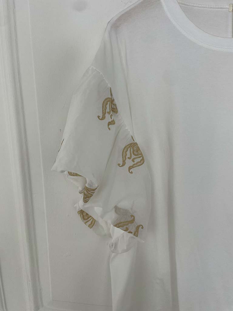 Puff Sleeve Gold Embroidered Tee