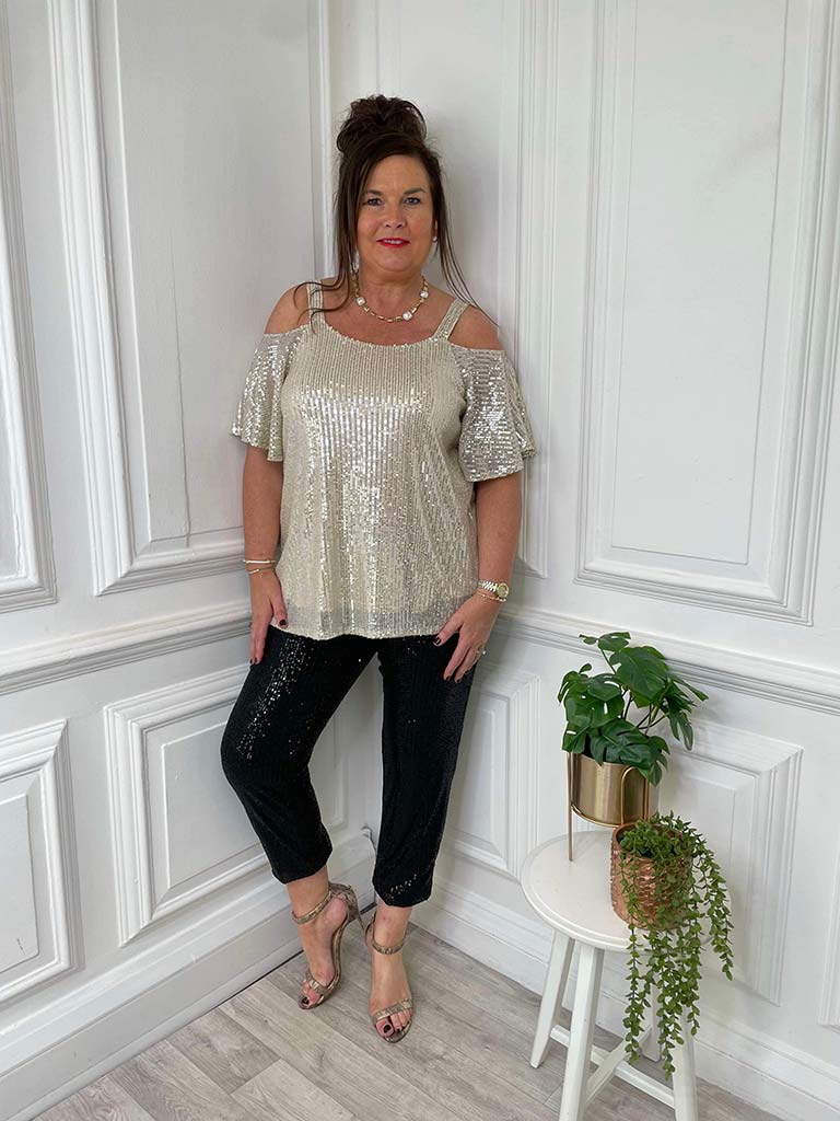 Malissa J Sequin Cold Shoulder Top - Champagne