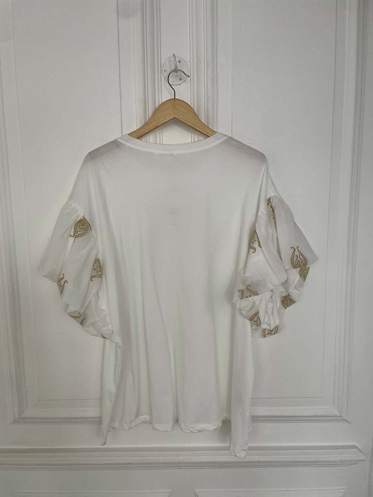 Puff Sleeve Gold Embroidered Tee