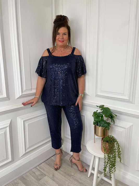 Malissa J Sequin Cold Shoulder Top - Navy