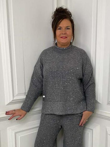 Malissa J Sequin Roll Neck Knit - Pewter