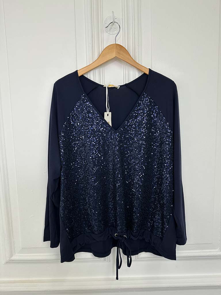 Malissa J Sequin Drawstring Top - Navy