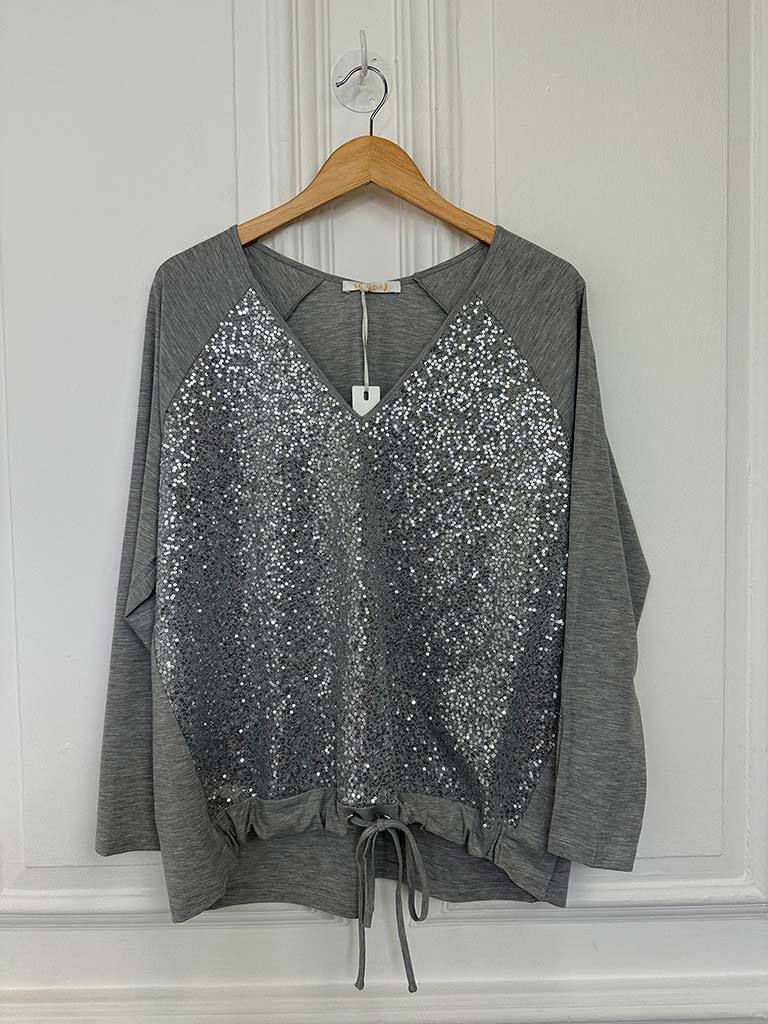 Malissa J Sequin Drawstring Top - Grey