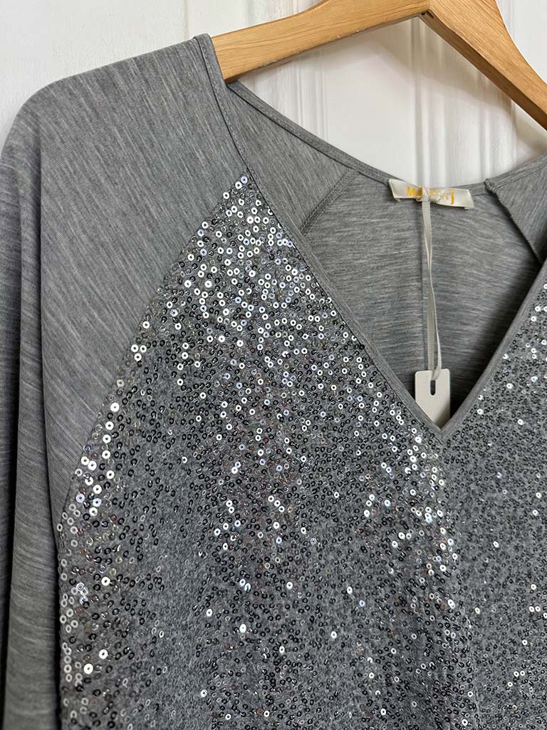 Malissa J Sequin Drawstring Top - Grey