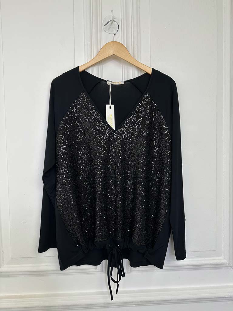 Malissa J Sequin Drawstring Top - Black