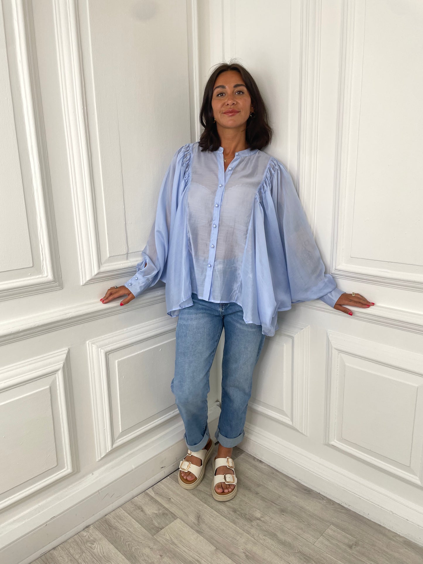 Sheer Batwing Blouse - Powder Blue
