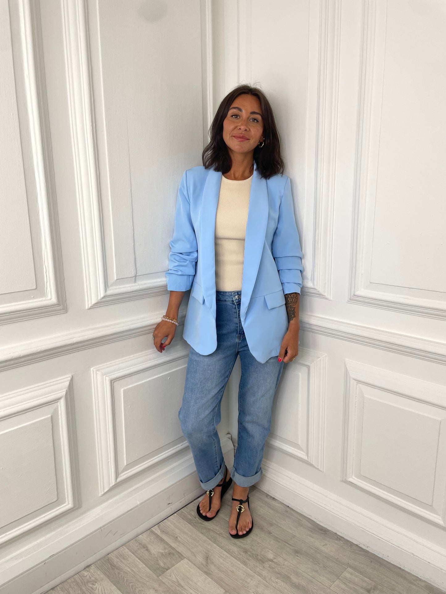 Ruched Sleeve Blazer - Sky