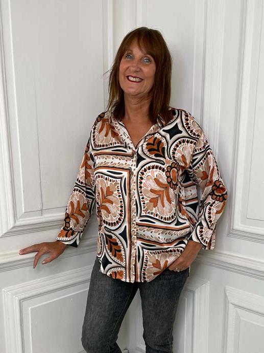 Tile Pattern Silk Feel  Shirt - Burnt Orange Mix