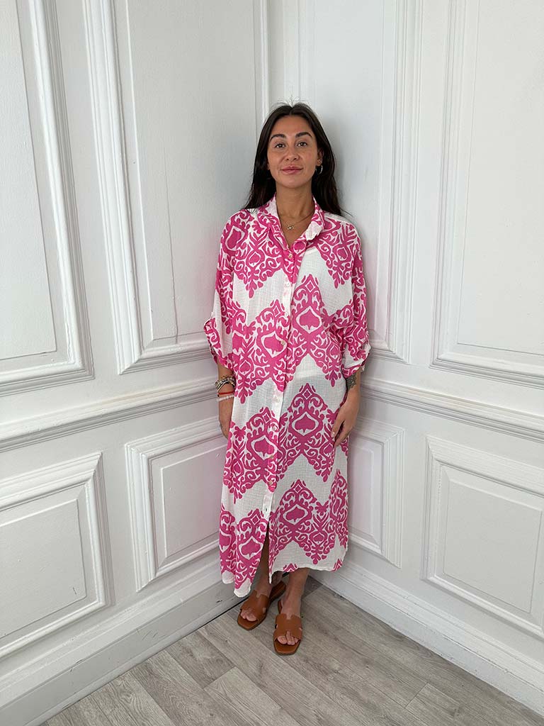 Damask Cotton Shirt Dress - Sugar