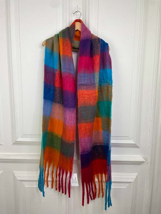 Wool Feel Checkered Scarf - Dewberry & Pink