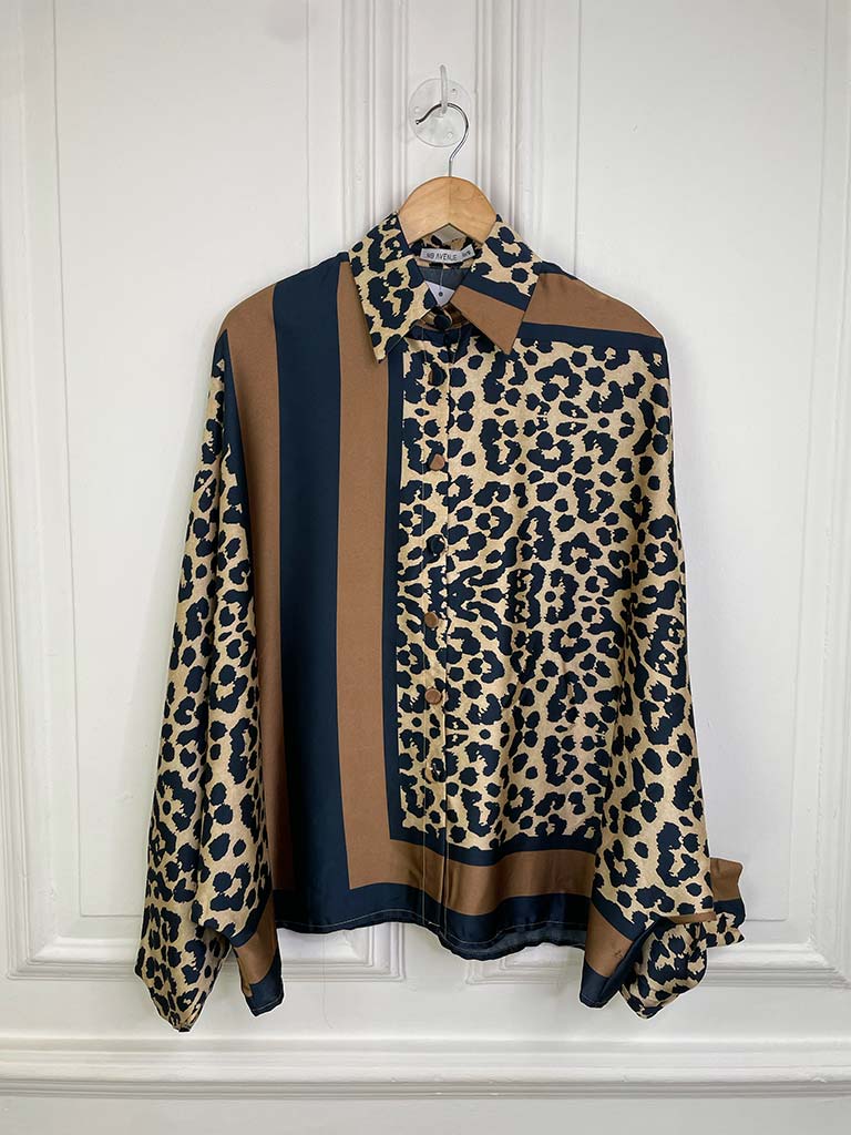 Animal Print Shirt & Pleated Palazzo Co-ord - Dark Toffee & Navy