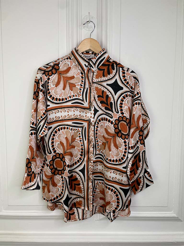 Tile Pattern Silk Feel  Shirt - Burnt Orange Mix