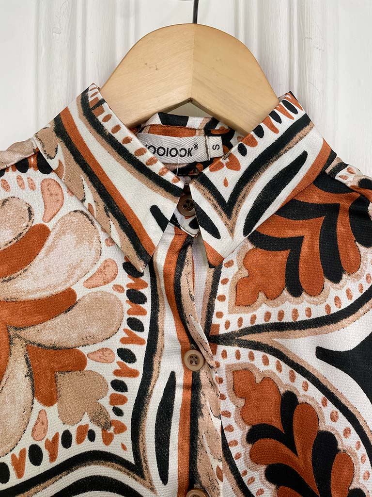 Tile Pattern Silk Feel  Shirt - Burnt Orange Mix