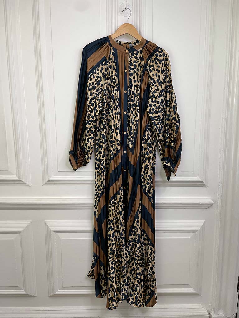 Animal Print Pleated Button Dress - Dark Toffee & Navy