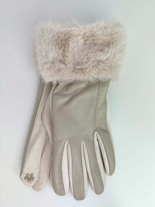 Faux Fur & Leather Gloves - Stone