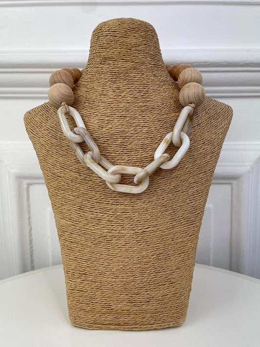 Envy Wood Bead & Chain Link Necklace - Natural