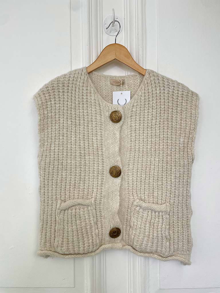 Gold Button Chunky Knit Waistcoat - Ecru