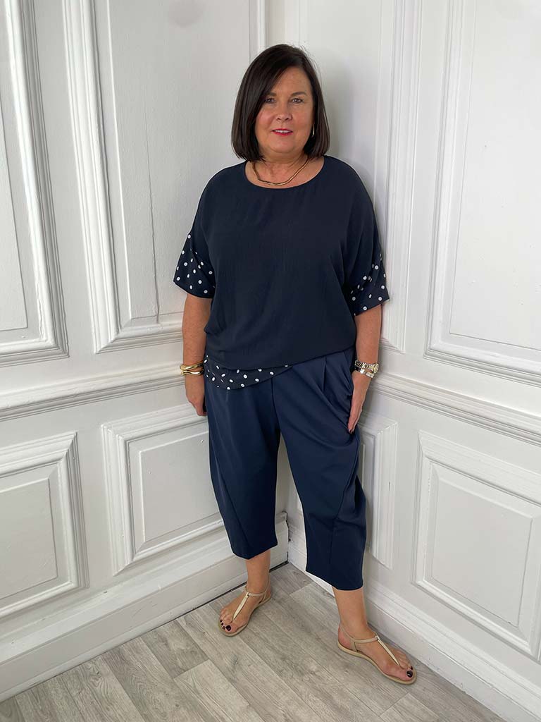 Dotty Hem Top - Navy & White