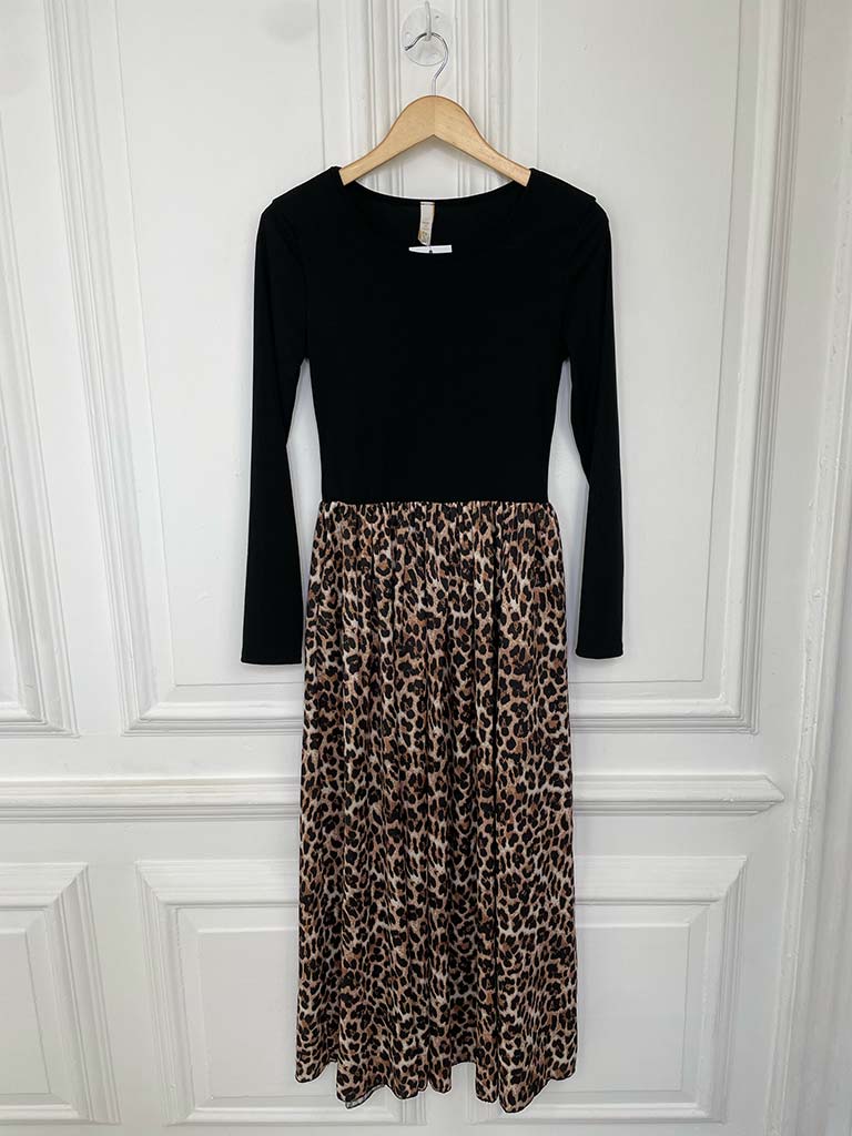 Ribbed & Leopard Pocket Dress - Black & Leopard