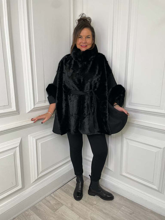 Malissa J Luxe Ribbed Faux Fur Cape - Black