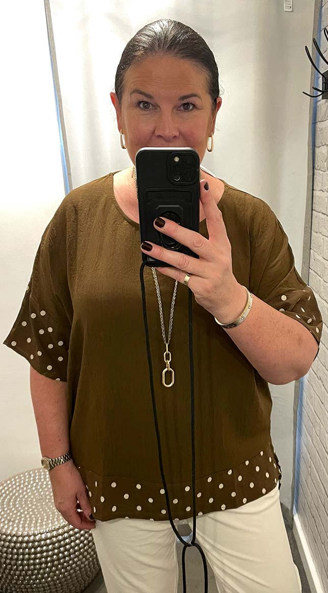 Dotty Hem Top - Toffee & Cream