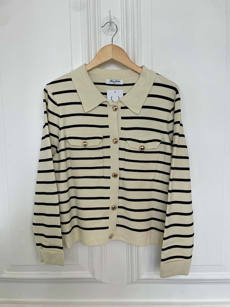 Knitted Striped Gold Button Jacket - Ecru