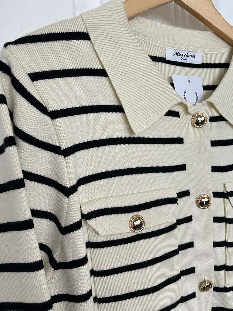 Knitted Striped Gold Button Jacket - Ecru