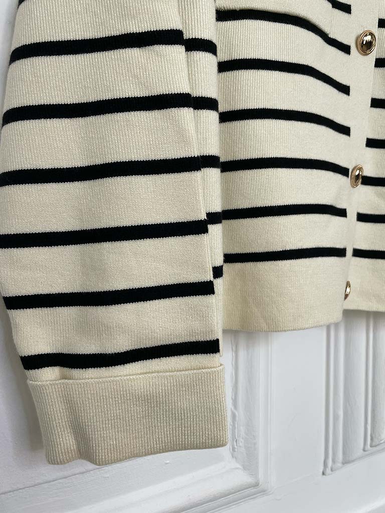 Knitted Striped Gold Button Jacket - Ecru