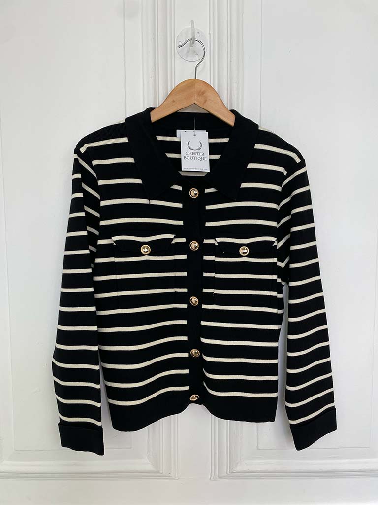 Knitted Striped Gold Button Jacket - Black