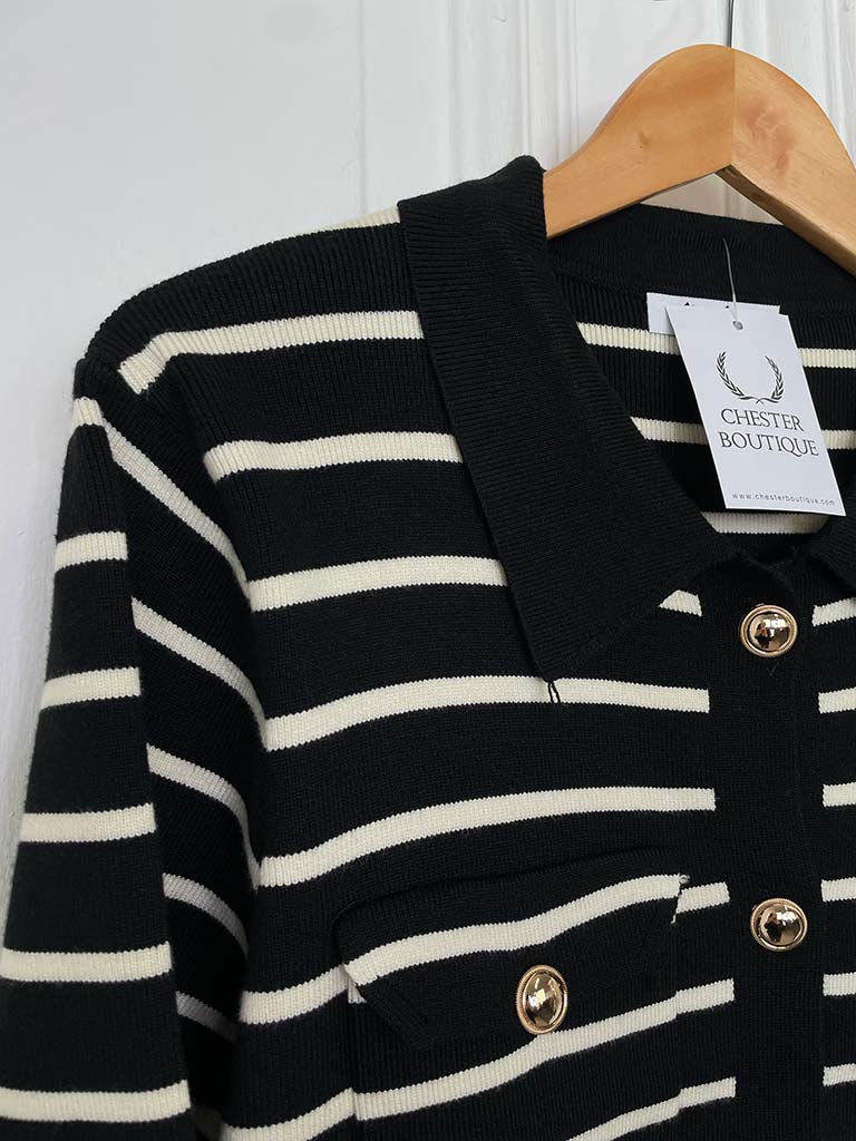 Knitted Striped Gold Button Jacket - Black