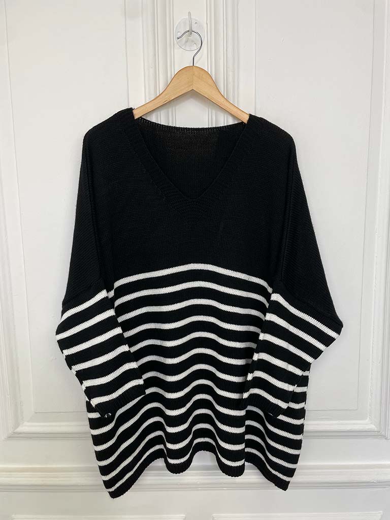 Oversized Striped V-Neck Knit - Black & White