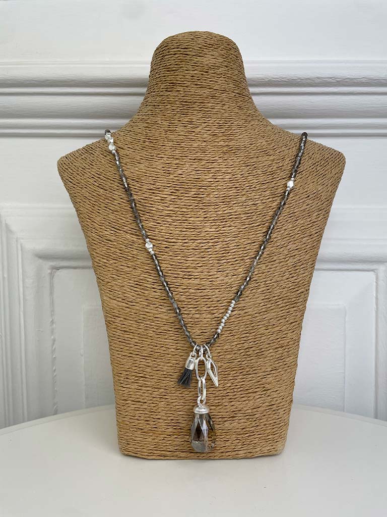 Envy Triple Pendant Beaded Necklace - Grey & Silver