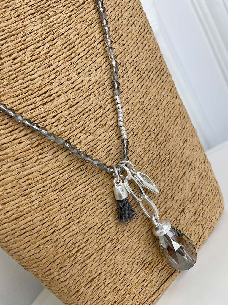 Envy Triple Pendant Beaded Necklace - Grey & Silver