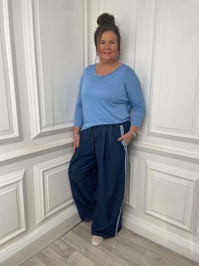 Denim Side Stripe Palazzo Trousers - Classic Blue