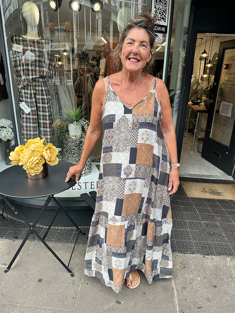 Tile Print Maxi Dress - Navy & Tan