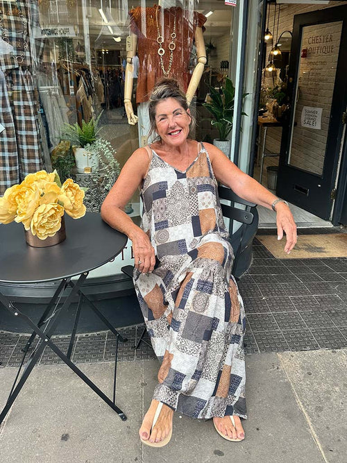 Tile Print Maxi Dress - Navy & Tan
