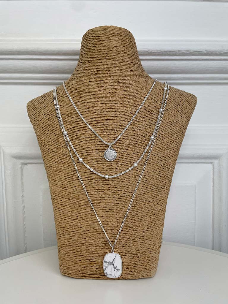 Envy Triple Chain Marble Pendant Necklace - Silver