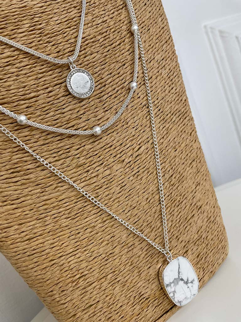Envy Triple Chain Marble Pendant Necklace - Silver
