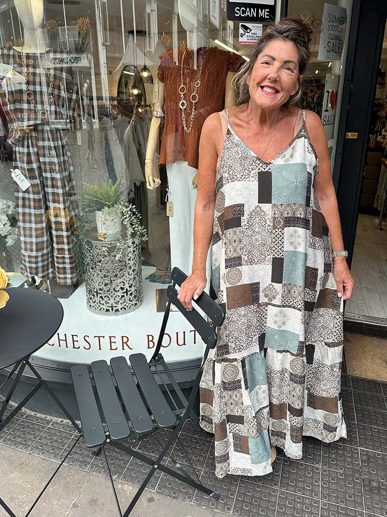 Tile Print Maxi Dress - Chocolate & Smoky Blue